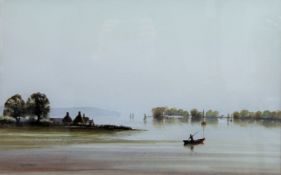 R WITCHARD, Boats on a Lake, watercolour, framed and glazed. 51.5 x 32.5 cm.
