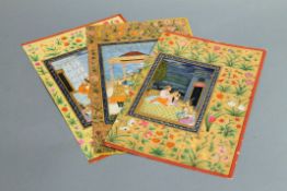 Three Indian miniature paintings. Each approximately 19.5 x 30.5 cm overall.