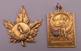 A 9 ct gold medal and a 10 ct gold medal. 21.6 grammes total weight.