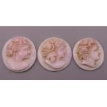 Three classically carved cameos. 2.5 cm high.