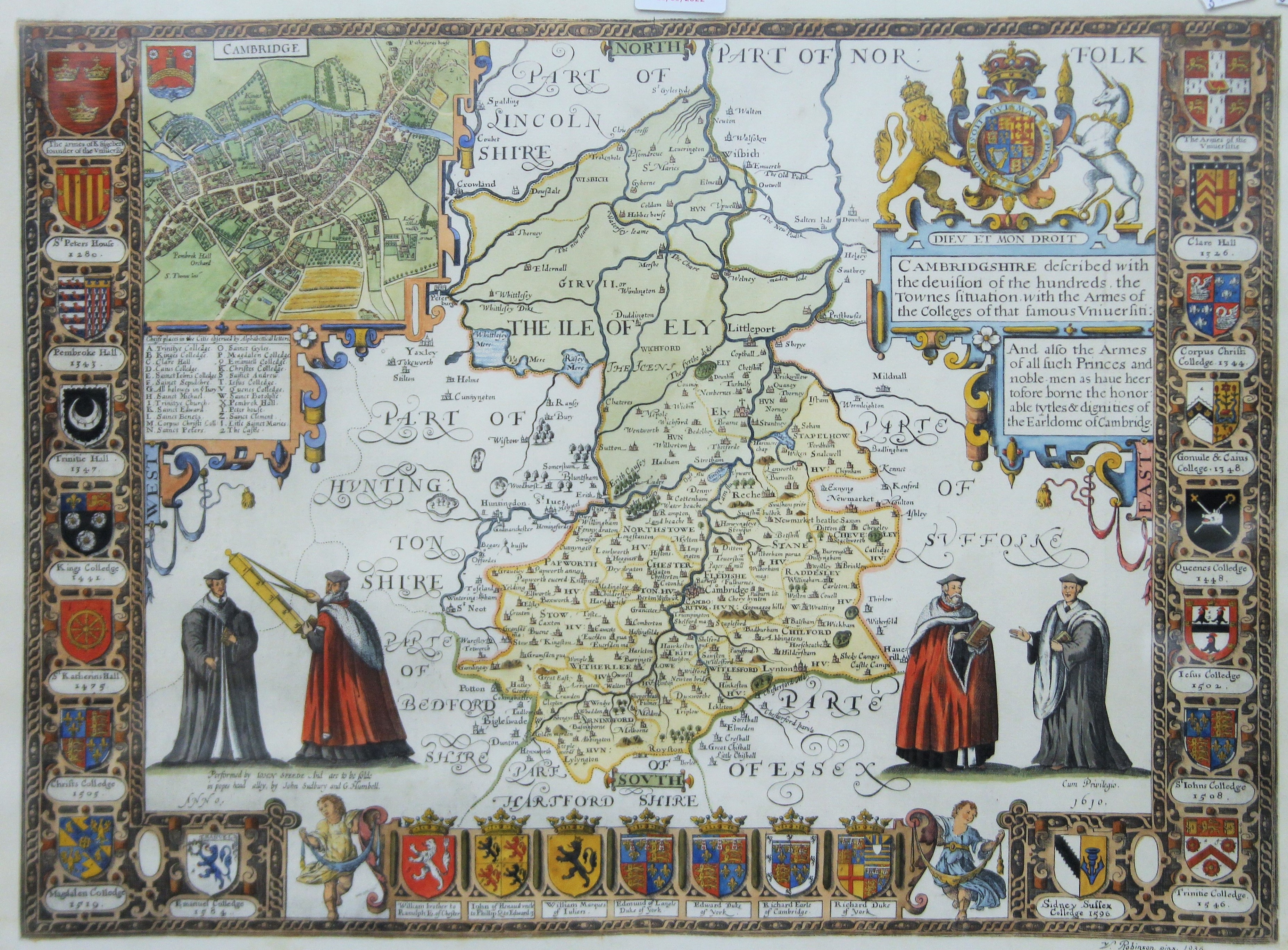 A map of Cambridgeshire, after Speed's map of Cambridgeshire 1610, framed and glazed.