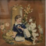 A Victorian tapestry of a boy and dog, housed in a maple frame and glazed. 36.5 x 36.5 cm overall.
