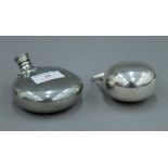 A novelty Pider Bros pewter golf club form spirit flask and a silver plated flask form muff warmer.