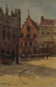 CHARLES HANNAFORD, The Grand Place, Bruges, watercolour, signed, framed and glazed. 16 x 24 cm.