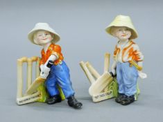 A pair of German porcelain models of boys playing cricket; Out First Ball and The Hope of his Side.