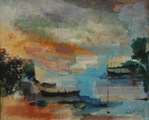 An oil on canvas, Boats on a Shoreline, signed Malrieux, framed (54 x 45.