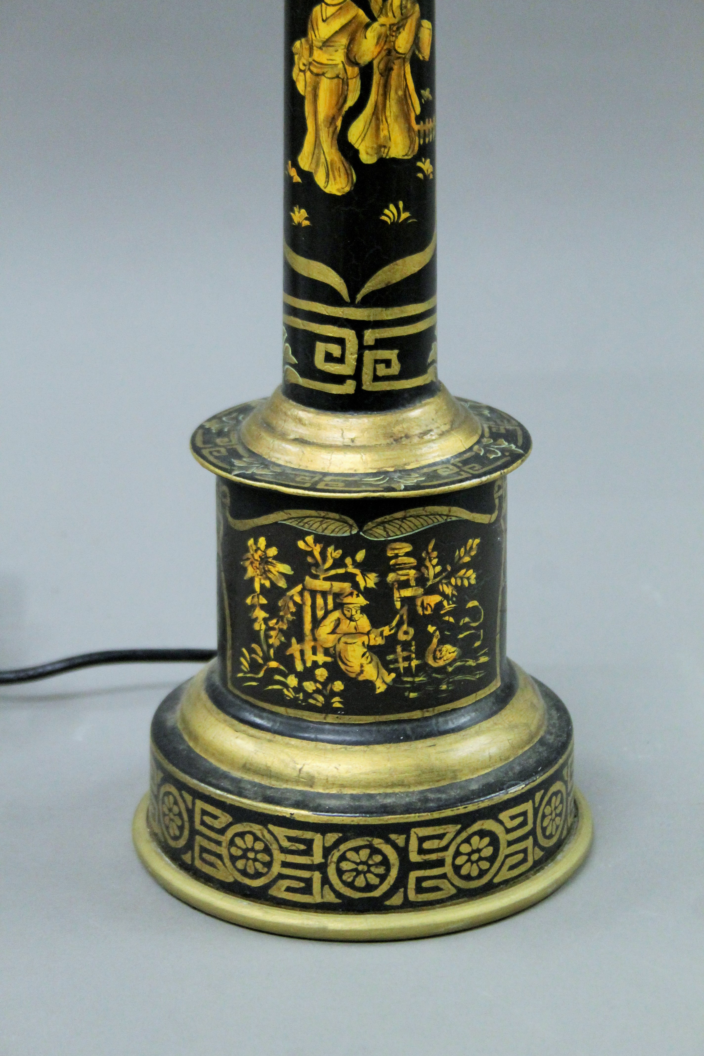 A black toleware column lamp. 61 cm high. - Image 3 of 4