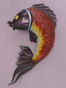 A Chinese silver and enamel fish. 12 cm long.