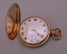 A 9 ct gold full hunter pocket watch in case. 4.75 cm diameter. 87.4 grammes total weight.