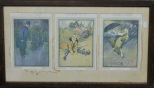 A pair of 1920's humorous print triptychs by Lawton Wood. 66 x 38 cm overall.