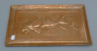 Attributed to John Pearson, an Arts and Crafts copper tray. 40 cm wide.