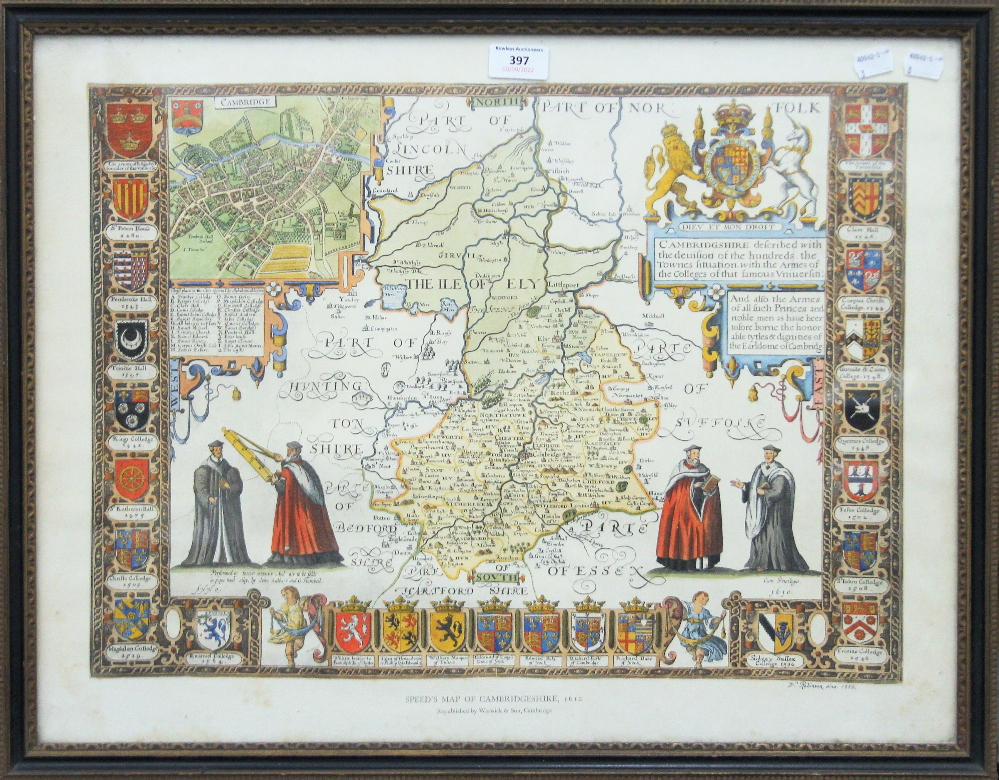 A map of Cambridgeshire, after Speed's map of Cambridgeshire 1610, framed and glazed. - Image 2 of 4