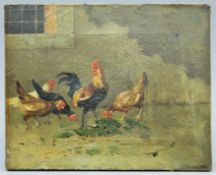 A 19th century oil on canvas, Chickens Feeding, unframed. 27 x 21.5 cm.