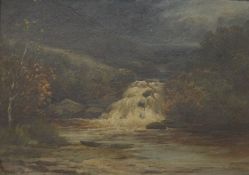 19TH CENTURY SCHOOL, Waterfall in a Landscape, oil on board, signed ANSELL, framed. 34.5 x 24.5 cm.