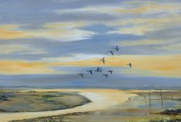 SHIRLEY CARNT (20th/21st century) British, Wigeon over the Mud Flats Brancaster Staithe,