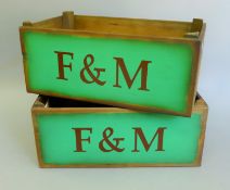 A pair of wooden F&M boxes. 44 cm long.