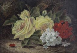 OLIVER CLARE (1853-1927), Yellow Roses and Geraniums on a Mossy Bank, oil on canvas,