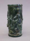 A Chinese carved green hardstone brush pot decorated with cattle. 19.5 cm high.