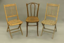 Two early 20th century folding chairs and a bentwood chair.