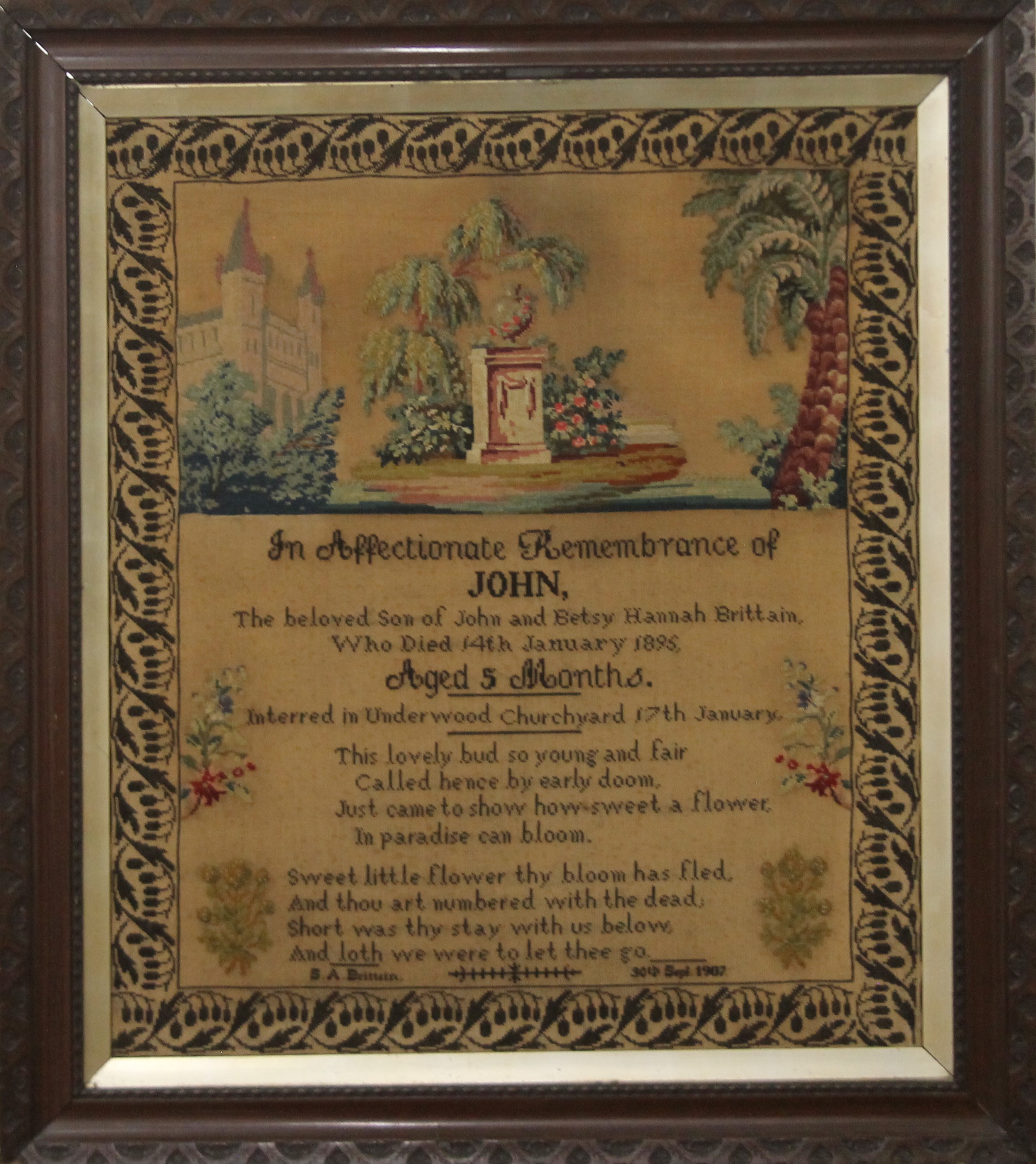 An early 20th century needlework of Remembrance, framed. 64 x 74 cm. - Image 2 of 3