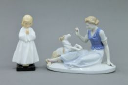 A Royal Doulton Bedtime figurine and a Continental porcelain figurine. The former 14.5 cm high.