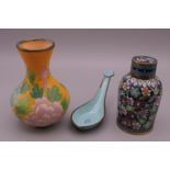 A Chinese plique a jour vase, a cloisonne jar and cover and a Canton enamel spoon.