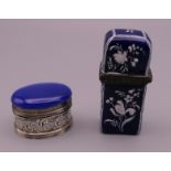 An 18th century blue and white enamel needle case and a small silver and blue stone oval box.