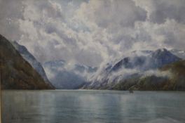 FREDERICK R FITZGERALD, Norwegian Fjord Scene, watercolour, signed, framed and glazed. 55 x 37 cm.