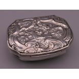 A George III Rococo style silver snuff box, hallmarks for London 1758. 7 cm wide. 60.9 grammes.