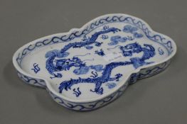 A Chinese blue and white porcelain butterfly shaped dish. 20 cm wide.