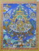 A Tibetan painted thangka, framed and glazed. 69 x 87.5 cm overall.