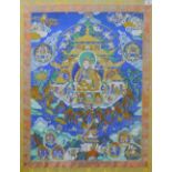 A Tibetan painted thangka, framed and glazed. 69 x 87.5 cm overall.