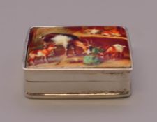 A silver pill box depicting a farm yard scene. 3 cm wide.