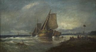 WATT, Fishing Boats coming Ashore, oil on canvas, framed. 80 x 44.5 cm.