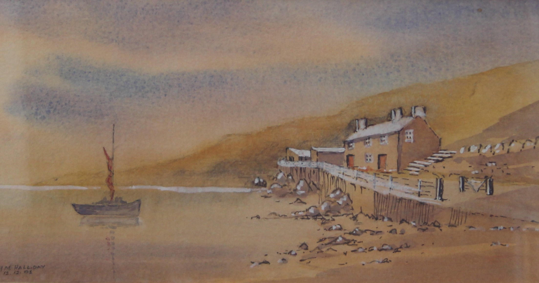 H M HALLIDAY, Coastal Scene, watercolour, signed and dated 12.12.03, framed and glazed. 29.5 x 15.