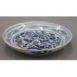 A Chinese blue and white porcelain shallow dish decorated with ducks, etc.