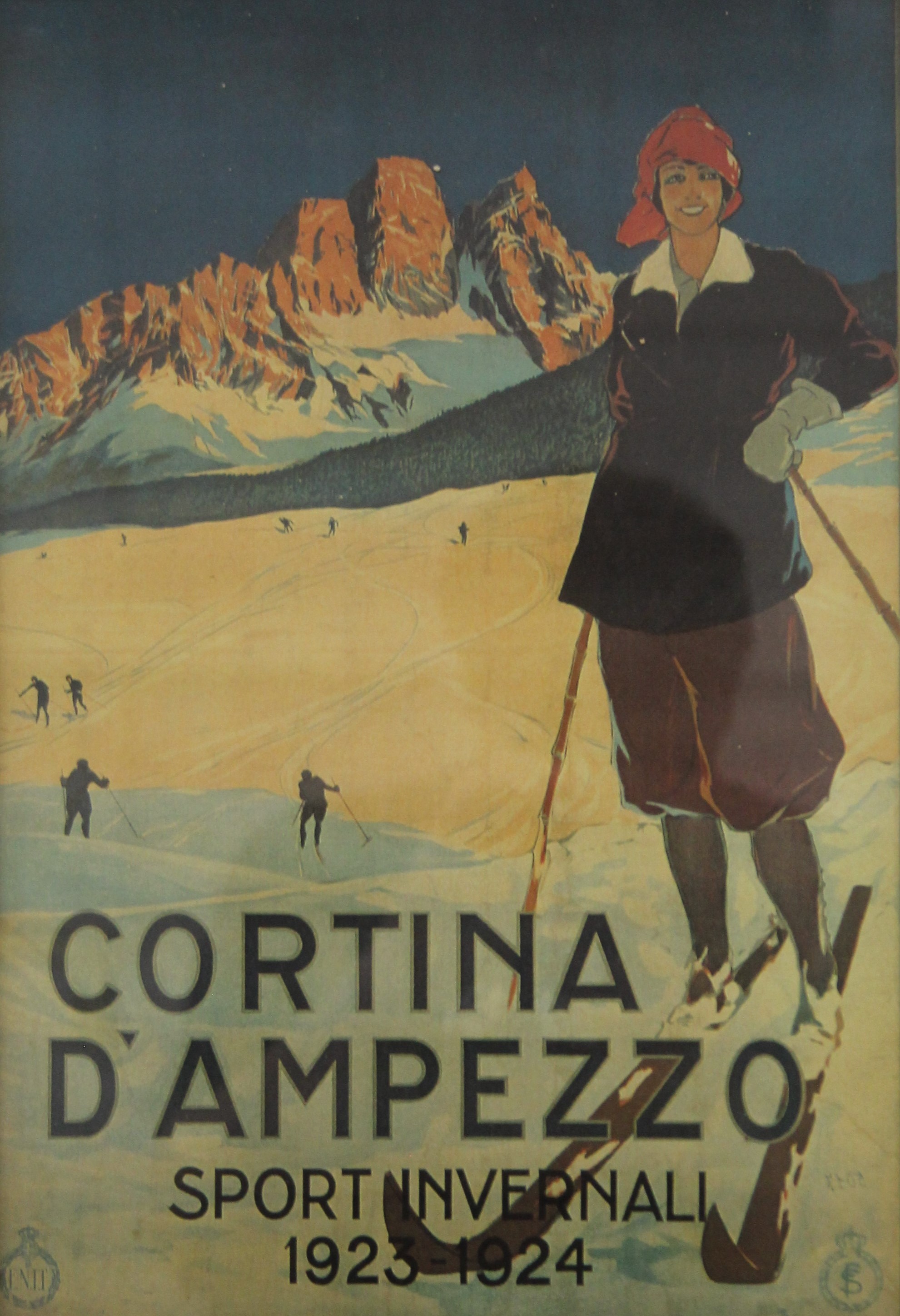 A copy of a 1920's Italian Skiing poster, framed and glazed. 25 x 37 cm.