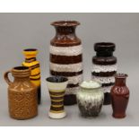 Seven West German pottery vases. The largest 41 cm high.