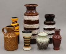 Seven West German pottery vases. The largest 41 cm high.