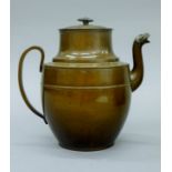 An Oriental bronze wine pot and cover, the spout with animal head terminal, seal mark to base. 20.