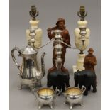 A quantity of miscellaneous items, including silver plate, an alabaster lamps, a gong, carvings,