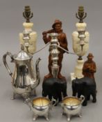 A quantity of miscellaneous items, including silver plate, an alabaster lamps, a gong, carvings,