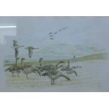 ANN BIGGS (20th/21st century) British, Geese in a Mountainous Landscape, pencil and watercolour,