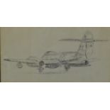 Gloster Meteor, pencil sketch, framed and glazed. 56 x 28.5 cm.