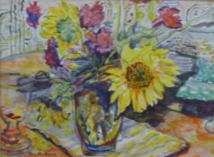 ANN FROSHAUG, Sunflowers on a Table, watercolour and ink, framed and glazed. 40 x 30 cm.