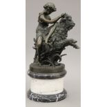 A bronze model of a girl riding a goat, on a marble plinth base. 51 cm high.