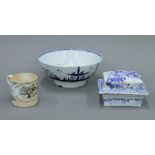 A 19th century blue and white pottery soap dish strainer and cover,