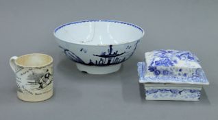 A 19th century blue and white pottery soap dish strainer and cover,