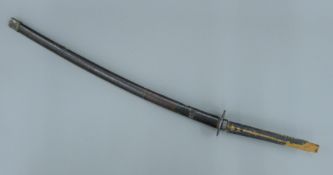 A late 19th/early 20th century Japanese Katana sword, in leather scabbard. 108 cm long overall.