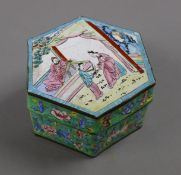 A Canton enamel hexagonal box. 10.5 cm wide.